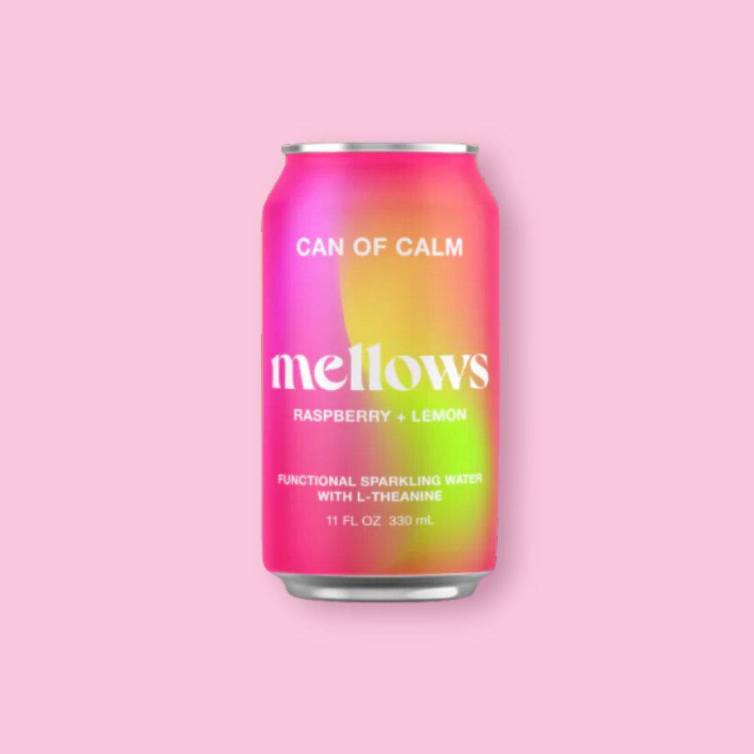 Multicolored can of 'Can of Calm' mellohs on a pink background