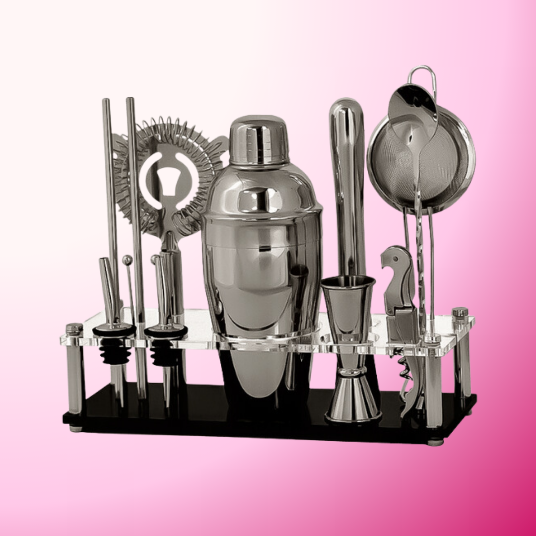 Barware - 14 Piece Complete Cocktail Kit with Stand in Stainless Steel - REH Liquids